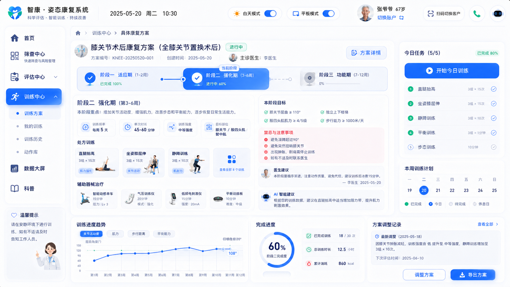 运动处方系统界面，展示康复阶段、训练项目与趋势